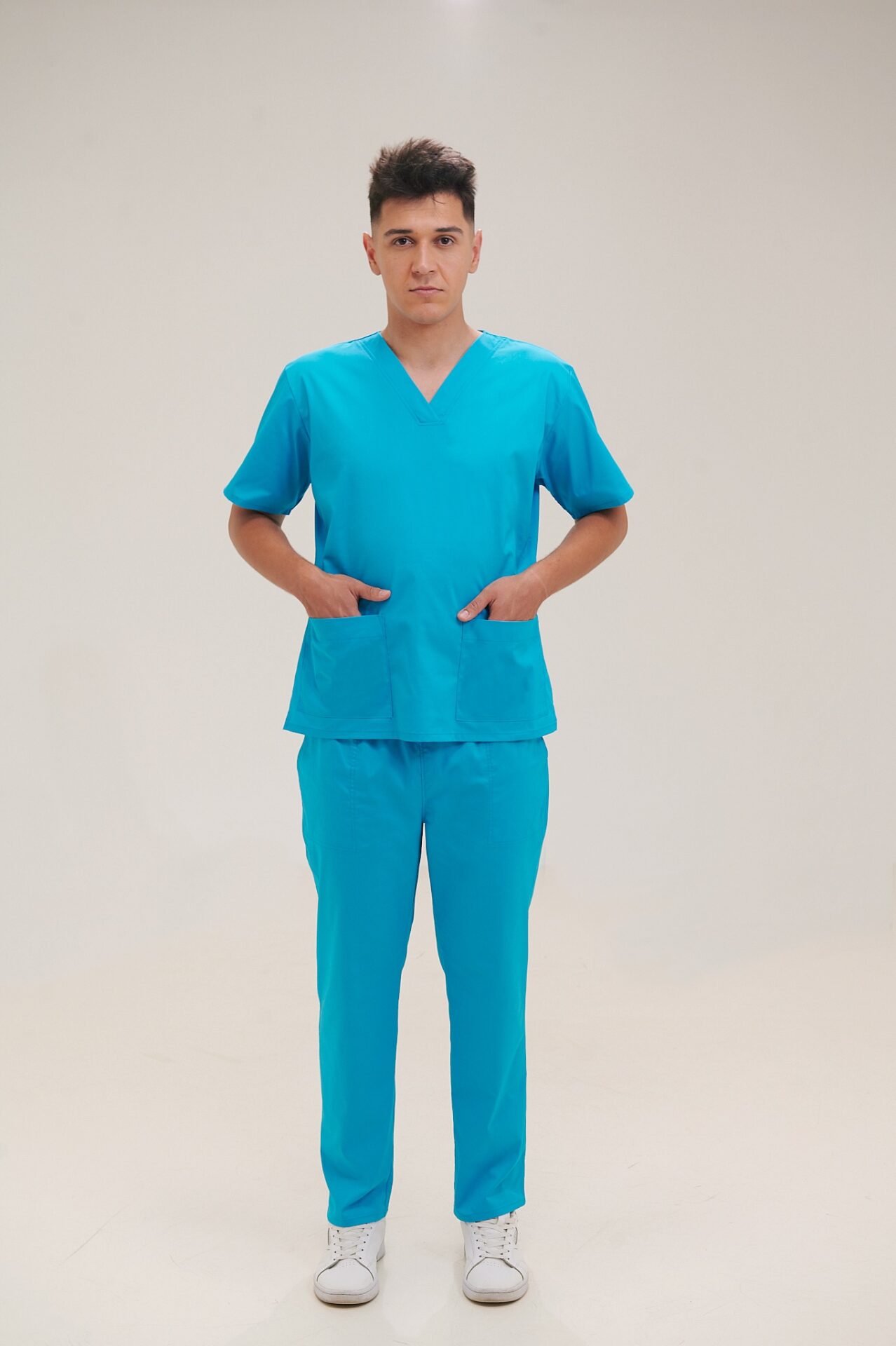 Costum Medical Bărbati Stretch în V- Turcoaz- Mela Medicals 2